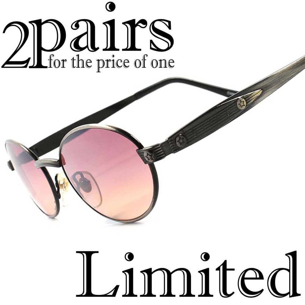 Lot of 2 pairs Classic Mens Womens Pink Lens Brushed Metal Round Oval Sunglasses